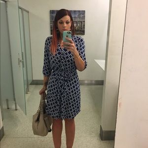 Blue and white geometric midi wrap dress